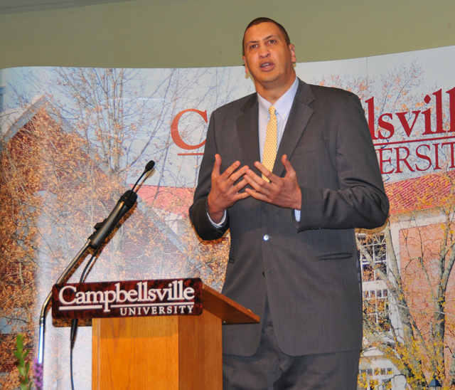 Sam Bowie, former UK and NBA basketball player, spoke to CU President's Club on the importance of helping students and "giving them a boost up the hill." (Campbellsville University Photo by Christina Kern)