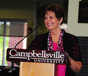 Sharon Gowin speaks at the Campbellsville  University Faculty/Staff Recognition Service.  She retired after 32 years of service.  (Campbellsville University Photo by Christina Kern)