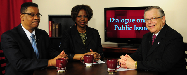 Campbellsville University’s John Chowning, vice president for church and external relations and executive assistant to the president of CU, right, interviews Sherre Miller Bishop, a Christian dramatist, speaker and writer from Nashville, Tenn., during a “Dialogue on Public Issues” TV show on WLCU. With her is Elder Richard Lloyd, pastor of Green Grove Primitive Church in Triune, Tenn. The show will air Sunday, April 29 at 8 a.m.; Monday, April 30 at 1:30 p.m. and 6:30 p.m.; Tuesday, May 1 at 1:30 p.m. and 6:30 p.m.; Wednesday, May 2 at 1:30 p.m. and 6:30 p.m.; Thursday, May 3 at 8 p.m.; and Friday, May 4 at 8 p.m. The show is aired on Campbellsville’s cable channel 10 and is also aired on WLCU FM 88.7 at 8 a.m. Sunday, April 29. (Campbellsville University Photo by Ashley Wilson)