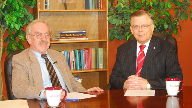 CAMPBELLSVILLE, Ky. – Dr. Ron Sider, left, professor of theology, holistic ministry and public policy and director of the Sider Center on Ministry and Public Policy at Palmer Theological Seminary in Wynnewood, Penn., was a recent guest on John Chowning’s “Dialogue on Public Issues” show on TV-4. The show, with Chowning, at right, will air Sunday, Sept. 27, at 8 a.m.; Monday, Sept. 28, at 1:30 p.m. and 6:30 p.m. and Wednesday, Sept. 30, at 1:30 p.m. and 7 p.m. Sider discussed Christian public policy perspectives while on campus. Chowning is vice president for church and external relations and executive assistant to the president at Campbellsville. The show is on Comcast Cable Channel 10. (Campbellsville University Photo by Joan C. McKinney)