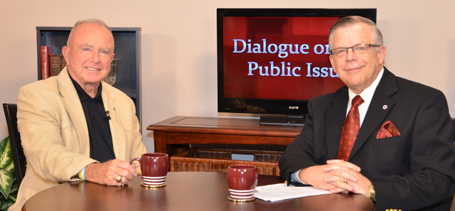 Campbellsville University’s John Chowning, vice president for church and external relations and executive assistant to the president of CU, right, interviews retired Col. John Somerville, central regional coordinator for Christians United for Israel, for his “Dialogue on Public Issues” show. 