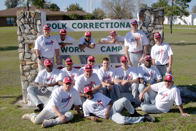 Campbellsville University students, along with those from SportsReach, in front of the prison work camp in Florida during spring break 