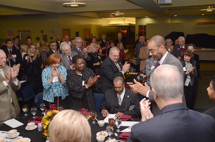 Dr. Joseph Owens, previous chair of Campbellsville University’s Board of Trustees, receives standing ovation after giving a speech during President’s Club dinner. (Campbellsville University Photo by Joshua Williams)