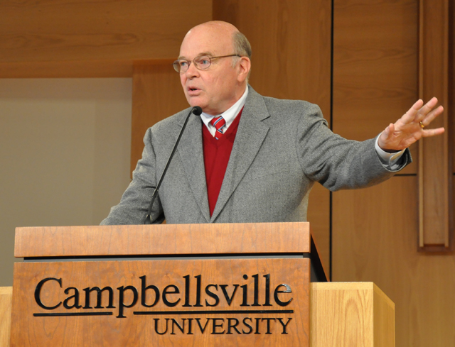 Dr. Gregory H. Stanton speaks at Campbellsville University’s Chapel service recently. (Campbellsville University Photo by Bayarmagnai “Max” Nergui)