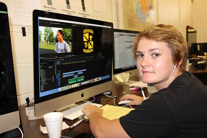Steffanie Hampton, from Onondaga, Mich., pauses during her digital video editing session at Fort Knox, Ky. Hampton, joined four other CU mass communication students for a 12-week internship with the U.S. Army Cadet Command. The CU students provided mass communication support to the ROTC summer camps there. Hampton said, “This internship has taught me to have confidence in myself, my abilities, and my work.” (Campbellsville University Photo by Lt. Col. William Ritter)