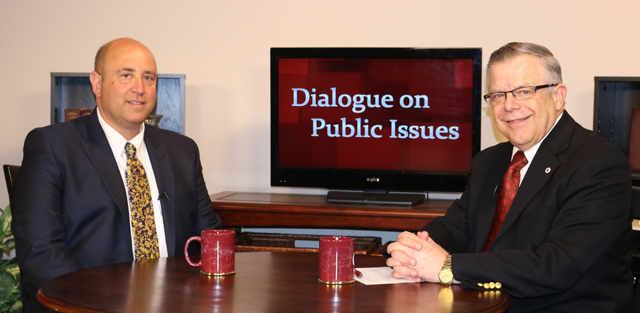 Dr. John Chowning, vice president for church and external relations and executive assistant to  the president of Campbellsville University, right, interviews Jonathan Steiner, executive director  and chief executive officer for the Kentucky League of Cities in Frankfort, Ky., for his “Dialogue on Public Issues” show. 