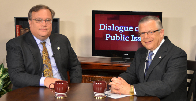 Campbellsville University’s John Chowning, vice president for church and external relations and executive assistant to the president of CU, right, interviews Ky. Senator Robert Stivers II (R-Manchester, Ky.), who is president of the Kentucky State Senate, for his “Dialogue on Public Issues” show. 