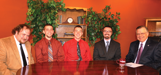 Campbellsville University students, from left: Josh Hardesty, from Wing Avenue Baptist, Owensboro, Ky.; Logan Hazelwood from Kirkwood Baptist Church in Salvisa, Ky.; Micah Spicer from Wingo Baptist Church in Wingo, Ky.; and Willis Deitz of Campbellsville, youth minister, Muldraugh Baptist Church, Lebanon, Ky., were interviewed by John Chowning, vice president for church and external relations and executive assistant to the president, on Campbellsville University’s “Dialogue on Public Issues.” Hardesty, Spicer and Deitz will be participating in the inaugural Festival of Young Preachers Jan. 7-9, 2010 at St. Matthews Baptist Church in Louisville. The students are members of Dr. Scott Wigginton’s Ministry of Proclamation class. Campbellsville University has the most students from one institution participating in the festival with three others, Jamie Bennett, pastor, Green River Memorial Baptist Church, Campbellsville; Andre Morton from New Hope Missionary Baptist Church in Radcliff, Ky., and Sean Stengl from Life Church, Buckner, Ky., participating. The show will air on WLCU TV-4, Comcast Cable Channel 10, Sunday, Dec. 21, at 8 a.m.; Monday, Dec. 21, at 1:30 p.m. and 6:30 p.m.; and Wednesday, Dec. 30, at 1:30 p.m. and 7 p.m. (Campbellsville University Photo by Bayarmagnai “Max” Nergui)