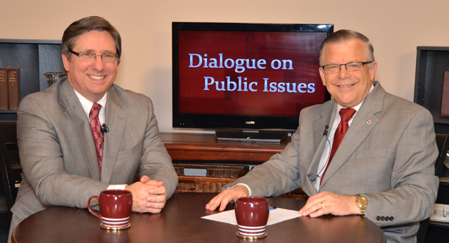 Campbellsville University’s John Chowning, vice president for church and external relations and executive assistant to the president of CU, right, interviews Dr. Dan Summerlin, president of the Kentucky Baptist Convention and pastor of Lone Oak Baptist Church in Paducah, Ky., for his “Dialogue on Public Issues” show. The show will air Sunday, Oct. 6 at 8 a.m.; Monday, Oct. 7 at 1:30 p.m. and 6:30 p.m.; and Wednesday, Oct. 9 at 1:30 p.m. and 6:30 p.m. The show is aired on Campbellsville’s cable channel 10 and is also aired on WLCU FM 88.7 at 8 a.m. and 6:30 p.m. Sunday, Oct. 6. (Campbellsville University Photo by Rachel DeCoursey)