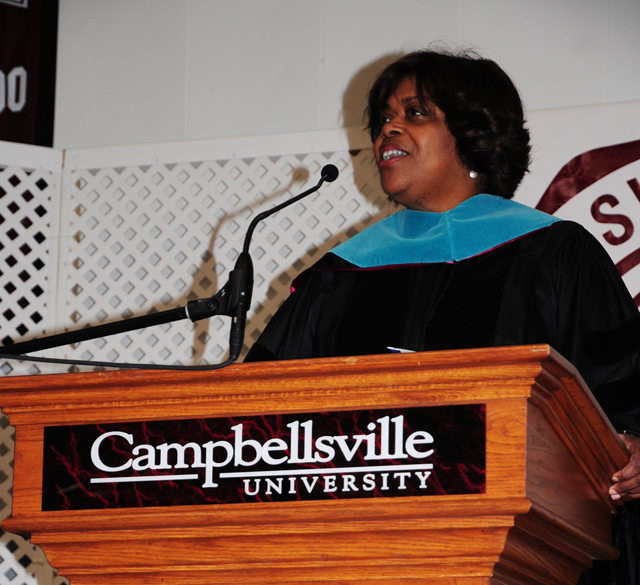  Dr. Suzan Johnson Cook, United States ambassador-at-large for international religious freedom, addresses the graduates at Campbellsville University's undergraduate commencement May 5. (Campbellsville University Photo by Ashley Wilson)