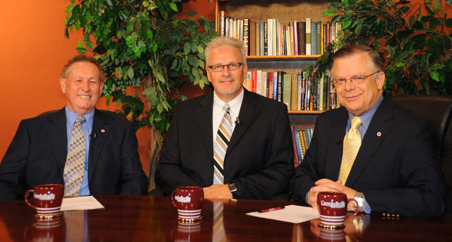 Campbellsville University vice presidents Dr. Frank Cheatham, left, and Dave Walters are featured on Campbellsville University’s TV-4 WLCU last in a series of shows on “Education Today.” They are interviewed by John Chowning, vice president for church and external relations and executive assistant to the president at Campbellsville University, moderator of “Dialogue on Public Issues.” Cheatham is vice president for academic affairs, and Walters is vice president for admissions and student services. The show will air at Sunday, Aug. 8 at 8 a.m.; Monday, Aug. 9 at 1:30 p.m. and 6:30 p.m. and Wednesday, Aug. 11 at 1:30 p.m. and 7 p.m. (Campbellsville University Photo by Christina Miller)