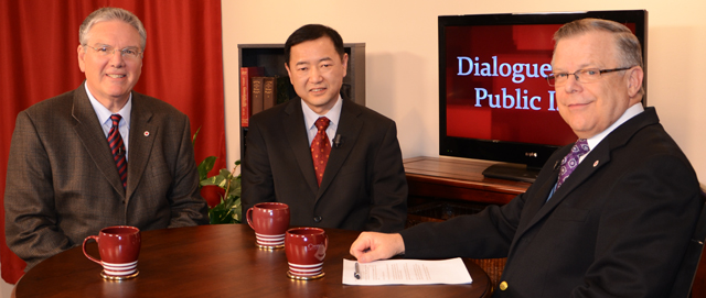 Campbellsville University’s John Chowning, vice president for church and external relations and executive assistant to the president of CU, right, interviews from left, Dr. Keith Spears, vice president for regional and professional education; and Feng Tan, chairman of the International College of Beijing University of Agriculture, during a “Dialogue on Public Issues” TV show on WLCU. The show will air Sunday, April 22 at 8 a.m.; Monday, April 23 at 1:30 p.m. and 6:30 p.m.; Tuesday, April 24 at 1:30 p.m. and 6:30 p.m.; Wednesday, April 25 at 1:30 p.m. and 6:30 p.m.; Thursday, April 26 at 8 p.m.; and Friday, April 27 at 8 p.m. The show is aired on Campbellsville’s cable channel 10 and is also aired on WLCU FM 88.7 at 8 a.m. Sunday, April 15. Campbellsville University has signed an agreement for a new program in business and other general student/faculty exchanges. (Campbellsville University Photo by Emily Campbell)