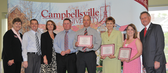 Taylor County School System teachers receive Campbellsville University Excellence in Teaching Awards from Dr. Brenda Priddy, dean of the School of Education, far left, and Dr. Frank Cheatham, vice president for academic affairs, far right. From left are: Brian Clifford, Taylor County Elementary School principal; Susan Kilby, assistant superintendent; Charles Higdon, Taylor County High School principal; Troy Wilson Young of Taylor County High School; Lori Lynn Schultz of Taylor County Middle School; and Brandi Graham of Taylor County Elementary School. (Campbellsville University Photo by Christina Kern)