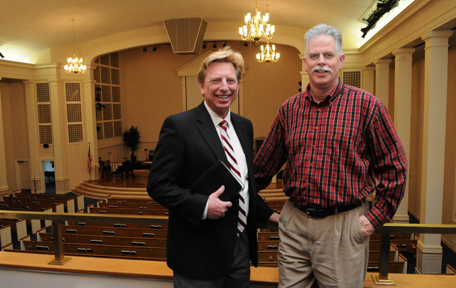Dr. Ted Taylor, left, Campbellsville University theology professor, is serving as transitional pastor of Campbellsville's largest church, Campbellsville Baptist Church. With him is Ed Pavy, director of campus ministries at CU, who serves as chair of the pastor search committee. (Campbellsville University Photo by Richard RoBards) 