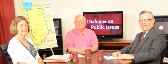 Dr. John Chowning, vice president for church and external relations and executive assistant to the president of Campbellsville University, right, interviews Teresa and Charles Darnell for his “Dialogue on Public Issues” show. They discussed the War of 1812 event in Taylor County. The show will air Sunday, May 18 at 8 a.m.; Monday, May 19 at 1:30 p.m. and 6:30 p.m.; and Wednesday, May 21 at 1:30 p.m. and 6:30 p.m. The show is aired on Campbellsville’s cable channel 10 and is also aired on WLCU FM 88.7 at 8 a.m. and 6:30 p.m. Sunday, May 18. (Campbellsville University Photo by Bethany Thomaston)