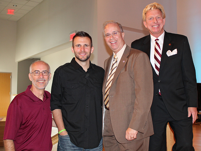 Eric Gilbert, lead pastor of 3trees Church, was the  guest speaker at Campbellsville University's FIRST CLASS service. From left: Dr. John Hurtgen, dean  of the School of Theology; Gilbert; Dr. Michael V.  Carter, president of CU; and Dr. G. Ted Taylor,  FIRST CLASS director. (Campbellsville University Photo by Bethany Thomaston)