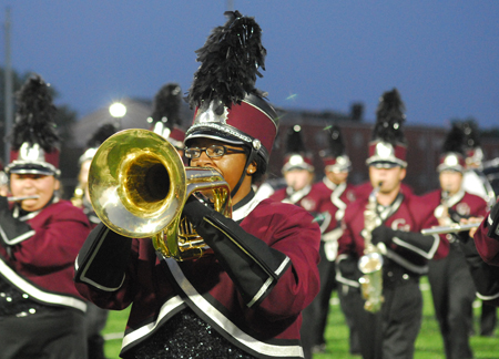 Tiara Bush, a freshman music major from Smiths Grove, Ky., plays baritone in the Campbellsville University Tiger Marching Band during the first night football game of the season on the new EnviroTurf and under the new lights. The Campbellsville University Fighting Tigers defeated Kentucky Christian University 34 to 7.  (Campbellsville University Photo by Joan C. McKinney) 