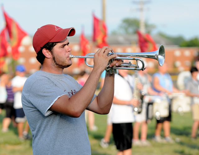 Tim Howe of Dry Ridge, Ky. plays the trumpet during Campbellsville University’s Tiger Marching Band camp. (Campbellsville University Photo by Richard RoBards)