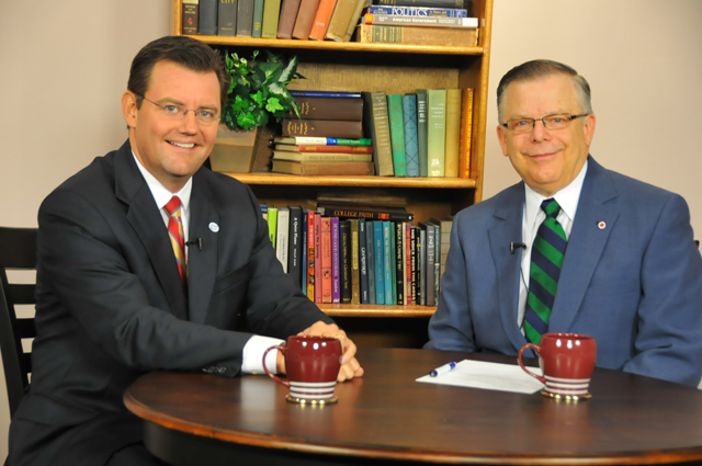Campbellsville University’s John Chowning, vice president for church and external relations and executive assistant to the president of CU, right, interviews Todd P’Pool on WLCU TV for the “Dialogue on Public Issues” show. He is a Republican candidate for attorney general. The show will air Sunday, Sept. 25 at 8:30 a.m.; Monday, Sept. 26 at 1:30 p.m.; and Wednesday, Sept. 28 at 6:30 p.m. There will be additional programs scheduled as follows: Thursday, Sept. 29 at 8 p.m.; and Friday, Sept. 30 at 8:30 p.m. The show is aired on Comcast Cable Channel 10 and is also aired on WLCU FM 88.7 at 8:30 a.m. Sunday, Sept. 25. (Campbellsville University Photo by Joan C. McKinney)