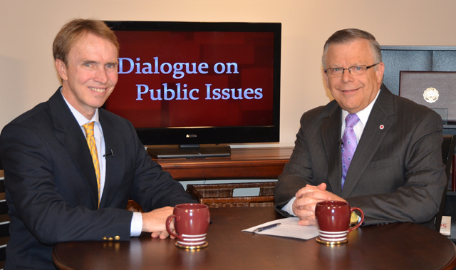 Campbellsville University’s John Chowning, vice president for church and external relations and executive assistant to the president of CU, right, interviews Kentucky State Treasurer Todd Hollenbach for the Dialogue on Public Issues Show on WLCU on the Campbellsville University campus. The show will air Sunday, May 27 at 8 a.m.; Monday, May 28 at 1:30 p.m. and 6:30 p.m.; Tuesday, May 29 at 1:30 p.m. and 6:30 p.m.; Wednesday, May 30 at 1:30 p.m. and 6:30 p.m.; Thursday, May 31 at 8 p.m.; and Friday, June 1 at 8 p.m. The show is aired on Campbellsville’s cable channel 10 and is also aired on WLCU FM 88.7 at 8 a.m. Sunday, May 2. (Campbellsville University Photo by Joan C. McKinney)