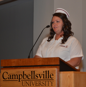 Tonya Kessler of Campbellsville, Ky., urges her fellow classmates to thank those who have helped them during their education. (Camp- bellsville University Photo by Joan C.  McKinney)
