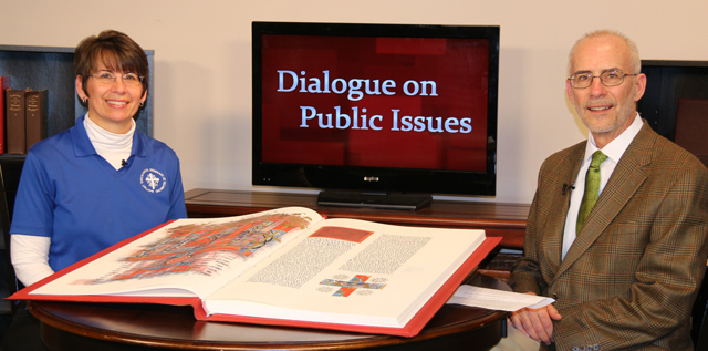 Dr. John Hurtgen, dean of the School of Theology, right, interviews Dr. Tracy Hartman, director of the Saint John’s Bible Project at the Baptist Theological Seminary at Richmond, Richmond,  Va., for Campbellsville University’s “Dialogue on Public Issues” show. 