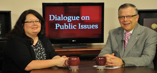 Campbellsville University’s John Chowning, vice president for church and external relations and executive assistant to the president of CU, right, interviews Dr. Twyla Hernandez, assistant professor of Christian ministries, for his “Dialogue on Public Issues” show. The show will air Sunday, Sept. 1 at 8 a.m.; Monday, Sept. 2 at 1:30 p.m. and 6:30 p.m.; and Wednesday, Sept. 3 at 1:30 p.m. and 6:30 p.m. The show is aired on Campbellsville’s cable channel 10 and is also aired on WLCU FM 88.7 at 8 a.m. and 6:30 p.m. Sunday, Sept. 1. (Campbellsville University Photo by Samantha Clark)