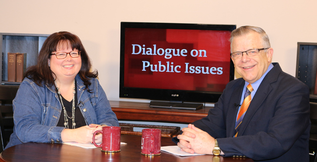 Dr. John Chowning, vice president for church and external relations and executive assistant to the  president of Campbellsville University, right, interviews, Dr. Twyla Hernandez, assistant professor  for Christian ministries at CU, who is this year’s recipient of the Non-Tenured Faculty Award, for his “Dialogue on Public Issues” show. 