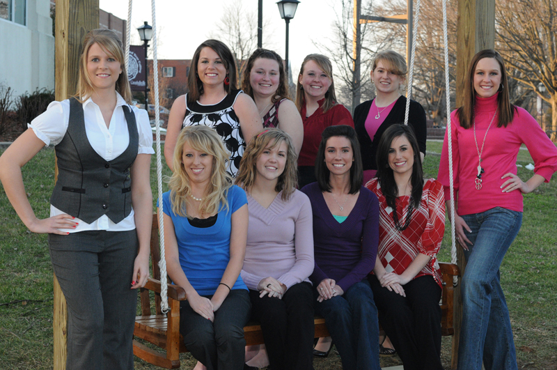 Valentine Pageant Queen contestants at Campbellsville University include from left: Front row – Megan Massey of Science Hill, Ky., standing;  Ashley Holt of Bloomfield, Ky.; Hannah Boyd of Simpsonville, Ky.;  Whitney Frields of Henderson, Ky.; Leah Hayes of Greensburg, Ky., and Jesslyn Long of Stanford, Ky. Back row – Amelia Rosenberger of White Mills, Ky.; Tiffany Cockerell of Louisville, Ky.;  Alena Maggard of Somerset, Ky., and Jennifer Lilly of Grayson, Ky. (Campbellsville University Photo by Andre Tomaz)