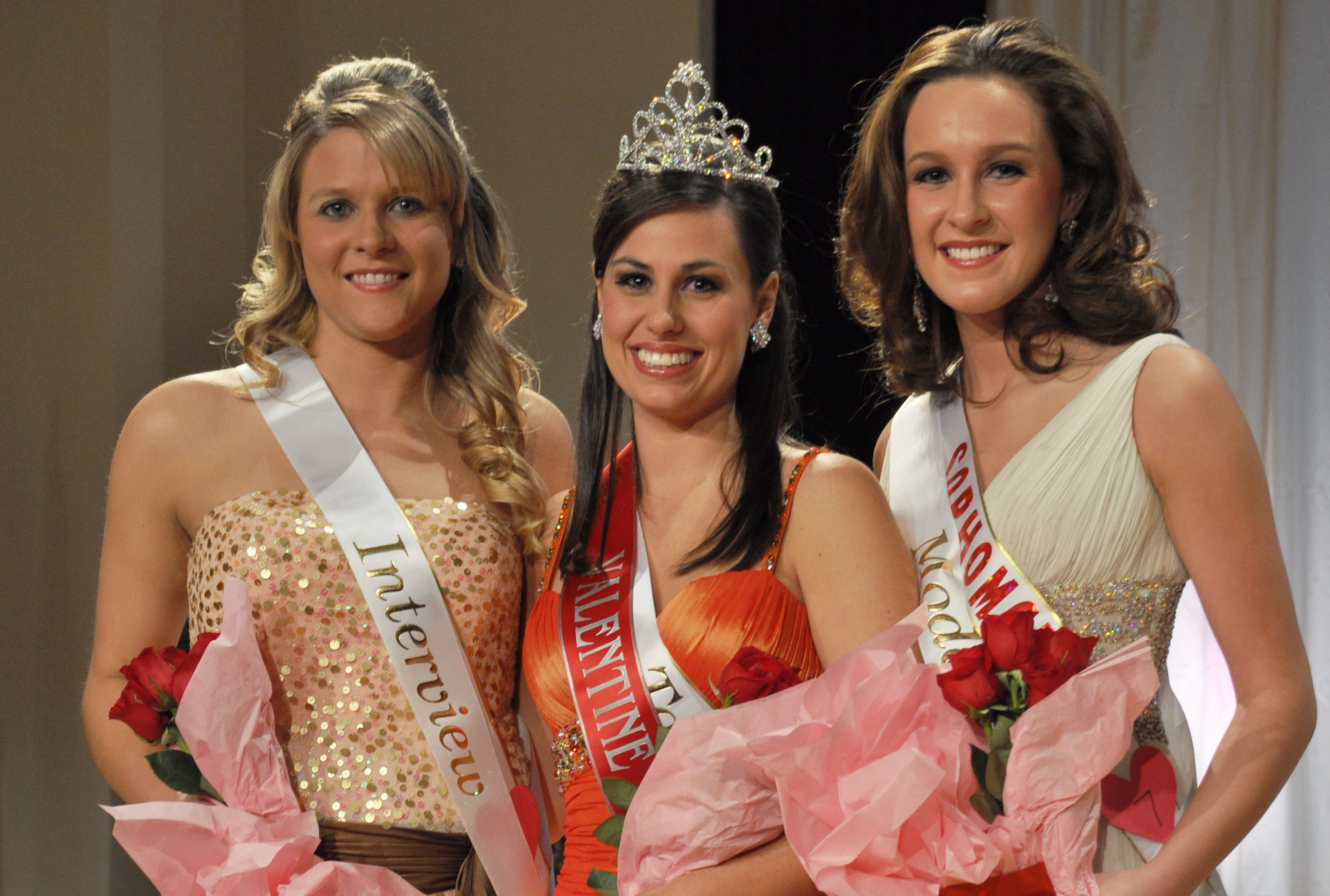 Winners in the Campbellsville University Valentine Pageant Feb. 12 were from left: Megan Massey, Science Hill, Ky., second runner up, representing University Chorale; Leah Hayes, Greensburg, Ky., queen, representing SWITCH; and Jesslyn Long, Stanford, Ky., first runner up, representing sophomore class. (Campbellsville University Photo by Munkh-Amgalan Galsanjamts