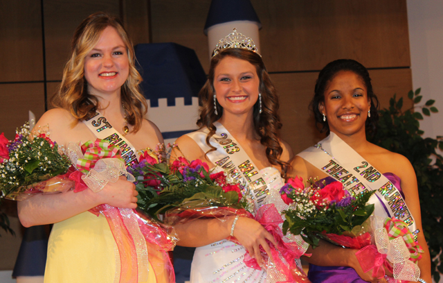 Tiffani Ellington, center, was named the 2013 Valentine Queen at Campbellsville University. Ellington of Boaz, Ky., represented the Office of Admissions. Anna Stepp, left, of Grayson, Ky., representing Baptist Campus Ministry was first runner-up. Micheala Parker, right, of Oak Grove, Ky., representing University Theater, was second runner-up. (Campbellsville University Photo by Rachel DeCoursey)