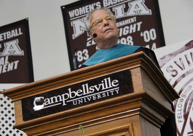 U.S. Rep. Ed Whitfield (R-Ky.) spoke to undergraduates at commencement after receiving an  honorary doctorate of public service. (Campbellsville University Photo by Rachel DeCoursey)