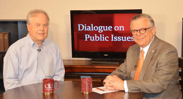Dr. John Chowning, vice president for church and external relations and executive assistant to the president of Campbellsville University, right, interviews U.S. Rep. Ed Whitfield (R-Ky.), for his “Dialogue on Public Issues” show.