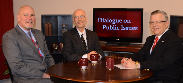 Dr. John Chowning, vice president for church and external relations and executive assistant to  the president of Campbellsville University, right, interviews Dr. Scott Wigginton, professor for pastoral ministries and counseling; and Dr. John Hurtgen, dean of the School of Theology, for his “Dialogue on Public Issues” show. 