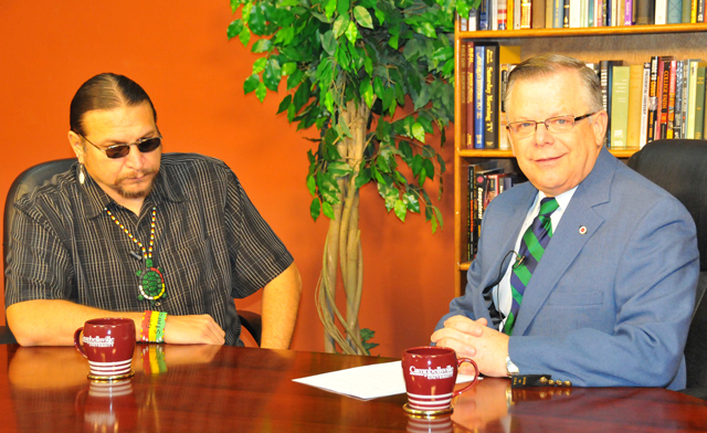 Campbellsville University’s John Chowning, vice president for church and external relations and executive assistant to the president of CU, right, interviewed Will Peters, an enrolled member of the Oglala Lakota nation, also known as the Sioux, left, on Campbellsville University's WLCU's show “Dialogue on Public Issues.” The show will air at Sunday, Dec. 12 at 8 a.m.; Monday, Dec. 13 at 1:30 p.m. and 6:30 p.m. and Wednesday, Dec. 15 at 1:30 p.m. and 7 p.m. The show is aired on Comcast Cable Channel 10. (Campbellsville University Photo by Phil Carlisle)
