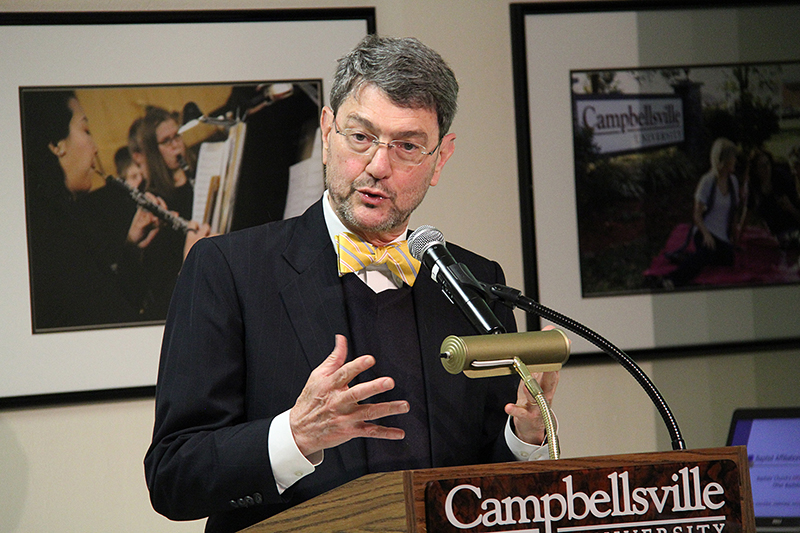 Dr. William Loyd Allen speaks about Baptist Church affiliation at Campbellsville University's Baptist Heritage Series. (Campbellsville University Photo by Rachel DeCoursey)