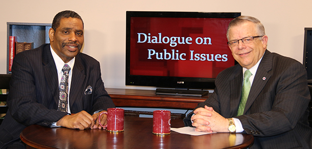 Dr. John Chowning, vice president for church and external relations and executive assistant to the president of Campbellsville University, right, interviews the Rev. Keith Williams, senior  pastor of Nazarene Baptist Church in Philadelphia, Penn., for his “Dialogue on Public Issues” show.
