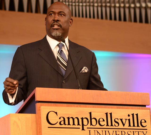 Dr. Bruce Williams, senior pastor of Bates Memorial Church in Louisville, discussed Dr. Martin Luther King's dreams at CU's annual MLK Worship Celebration. (Campbellsville University Photo by Joan C. McKinney)