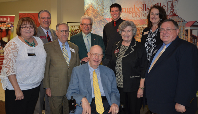 Together at the 8th Annual Media Appreciation Luncheon were from left: Ed McGuire, after winning the Distinguished Service Award presented by the Department of Mass Communication; First row -- Joan McKinney, Al Hardy, Ginny Flanagan and Stan McKinney. Back row -- Dr. Keith Spears, Jimmie Woosley, Alan Haven and Jeannie Clark. The luncheon was March 21, 2012 in the Banquet Hall.