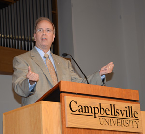 Dr. Michael V. Carter, president of CU, tells the freshman class to achieve a sense of balance in  their first year of college. (Campbellsville  University Photo by Christina Kern)