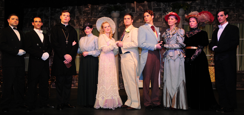 The cast of Campbellsville University’s “The Importance of Being Earnest” includes from left: Kaleb Harris of Scottsville, Ky.; Brian Kretzler of Greensburg, Ky.; Michael Jennings ofEdmonton, Ky.; Jess Harris of Louisville, Ky.; Megan Kist of Radcliff, Ky.; Ian Shepard of Somerset, Ky.; Dakota Rogers of Harrodsburg, Ky.; Lacy Mudd of Campbellsville; Singrid Tipton of Lawrenceburg, Ky.; and Steven Yospur of Friendswood, Texas. (Campbellsville University Photo by Ashley Wilson)