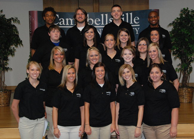 Campbellsville University students selected by the student services staff represent leadership, coming from different areas and interests on campus. This year’s selected LINC student leaders are, from left: Front row -- Ashley Holt, Bloomfield, Ky.; Ashley Todd, Madisonville, Ky.; Danielle Waldrop, Lexington, Ky.; Alison Medders, Florence, Ala., formerly of Campbellsville; and Kim Baker, Louisville, Ky. Second row -- Alison Lee, Louisville, Ky.; Brooke Cooper, Russell Springs, Ky.; Katy Dunn, Sebree, Ky.; and Hannah White, Hodgenville, Ky. Third row -- Micah White, Louisville, Ky.; Brooke Cato, Woodburn, Ky.; Joy Carter, Owensboro, Ky.; Courtney Welsh, Lawrenceburg, Ky.; LeAnn Straley, Campbellsville, Ky.; Whitney Frields, Campbellsville, Ky. Back row -- Glen Jackson, Chesapeake, Va.; Jacob Stickle, Bowling Green, Ky.; Micah Spicer, Wingo, Ky.; and Calvin Joseph Bini, Radcliff, Ky. (Campbellsville University Photo by Josh Anderson)