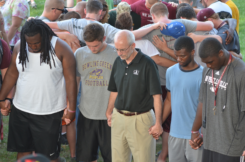 School of Theology, during a prayer vigil Aug. 20 following an accident earlier in the day involving Campbellsville-Taylor County firefighters. Four firefighters were injured, with two, Alex Quinn and Tony Grider, seriously injured. The firefighters were helping the Campbellsville University Tiger Marching Band during an ALS Ice Bucket Challenge.  More than (Campbellsville University Photo by Stan McKinney)
