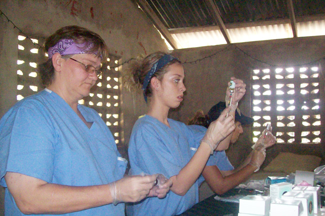  CU School of Nursing students prepare injections at a medical clinic on a mission trip to Haiti. From left are: Debra Simpson of Russell Springs, Ky.; Brittni Corbin, a Dec. 2011 graduate of Columbia, Ky.; and Courtney Keller of Angola, Ind. (Photo Submitted)