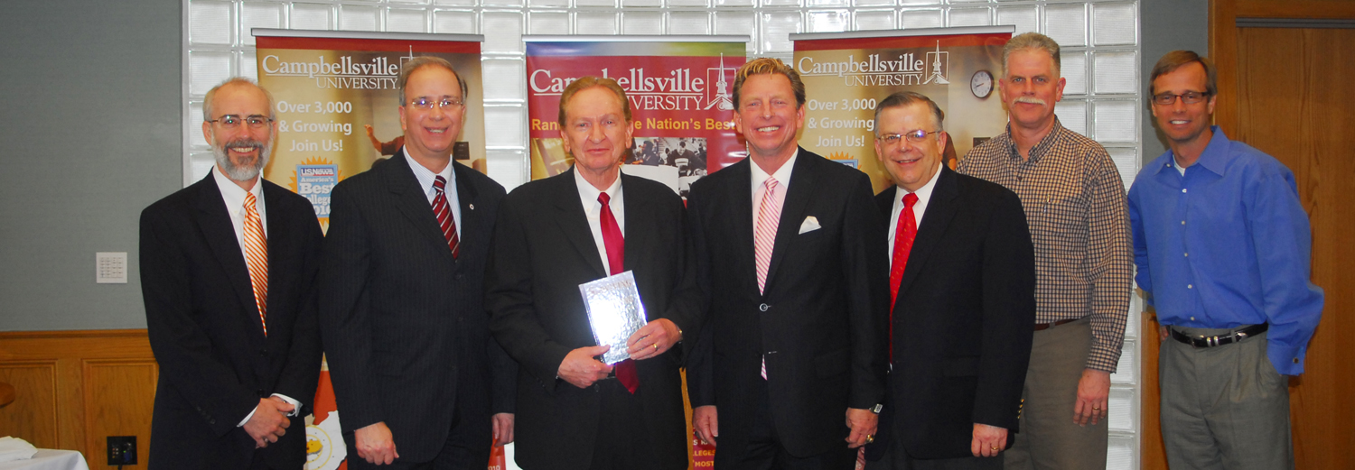 The ministerial leadership team at Campbellsville University meets with Dr. Don Mathis, president of the Kentucky Baptist Convention. From left are: Dr. John Hurtgen, dean of the School of Theology; Dr. Michael V. Carter, president of Campbellsville University; Mathis; Dr. Ted Taylor, CU School of Theology professor; the Rev. John Chowning, vice president for church and external relations at Campbellsville University and executive assistant to the president; Ed Pavy, director of campus ministries; and Dr. Skip Alexander, pastor of Campbellsville Baptist Church who is an adjunct professor at CU. (Campbellsville University Photo by Joan C. McKinney)