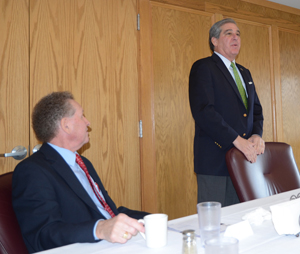 Lt. Gov. Jerry Abramson spoke with community members at a CU luncheon. Dr. Frank Cheatham, vice president for academic affairs, is at left.  (Campbellsville University Photo by Joan C.  McKinney)