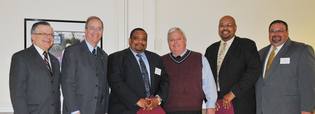 New members of the Church Relations Council were acknowledged at the March 24-25 meeting on campus. From left are: the Rev. John Chowning, vice president for church and external relations and executive assistant to the president; Dr. Michael V. Carter, president; the Rev. Stephen Smith, pastor of Mt. Herman Baptist Church in Louisville; the Rev. Larry Rowell, pastor of Beech Grove Baptist Church, Campbellsville; and the Rev. William Dickerson, associate pastor at Little Flock Missionary Baptist Church in Louisville, with the Rev. Mark Shelton, chair of the CRC, and pastor of Burkesville Baptist Church, Burkesville. (Campbellsville University Photo by Joan C. McKinney)