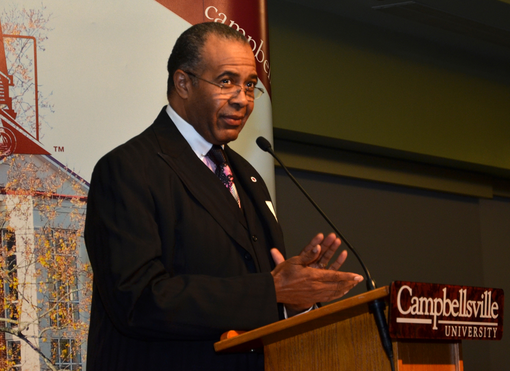 Dr. Joseph Owens, chair of the CU Board of Trustees,  announces the $30 million by the end of 2013 campaign is  two and half months ahead of schedule. (Campbellsville  University Photo by Drew Tucker)