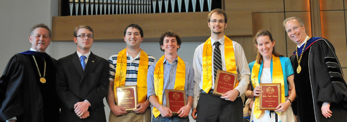 Top academic students honored by Dr. Frank Cheatham, vice president of academic affairs, far left, and Dr. Michael V. Carter, president, far right, were from left: Ben Randall (December 2010); Matt Egbert, Andrew McNeill and Cory Snyder (co-valedictorians, May 2011) and Faith Manion, salutatorian (May 2011). (Campbellsville University Photo by Munkh-Amgalan Galsanjamts)
