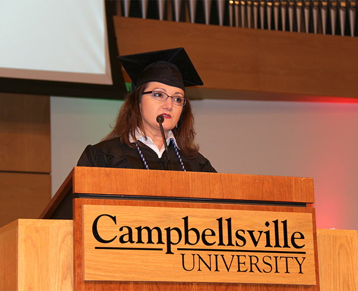 Sandra Froggett urged her graduating class to go “where the Lord calls us to serve.” (Campbellsville University Photo by Drew Tucker) 